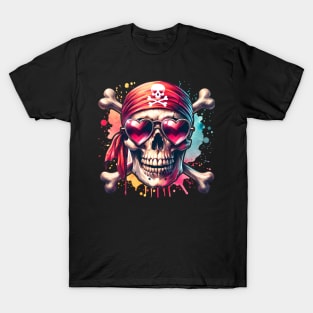 Pirate Love Funny Matching Valentine Day Couple Pirate Skull Watercolor T-Shirt